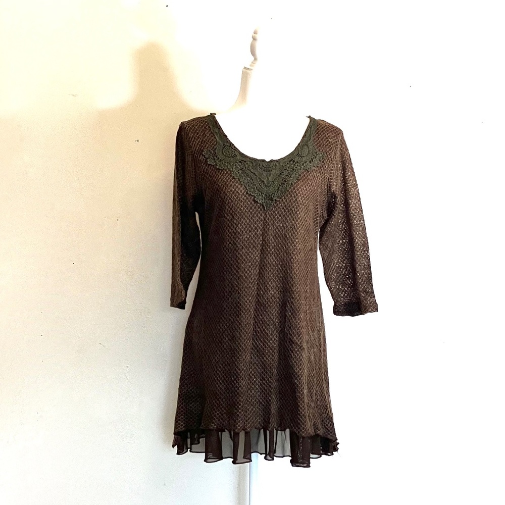 Dark Brown Tunic, Thin Sweater with Sheer Underlayer and Lace Yoke, Women's Med